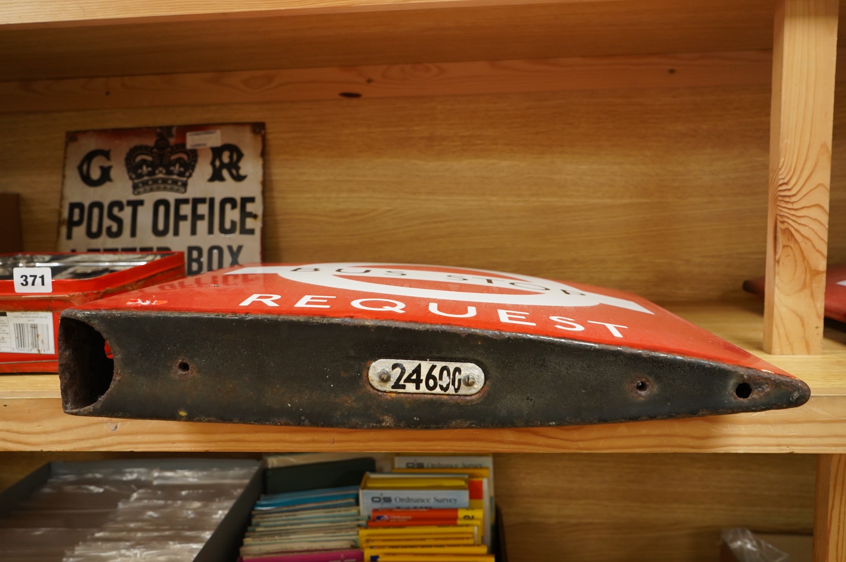 A London Transport double sided enamel Bus Stop Request sign, applied serial number underneath; 24600, and stencil makers mark to the side; Burnham - London